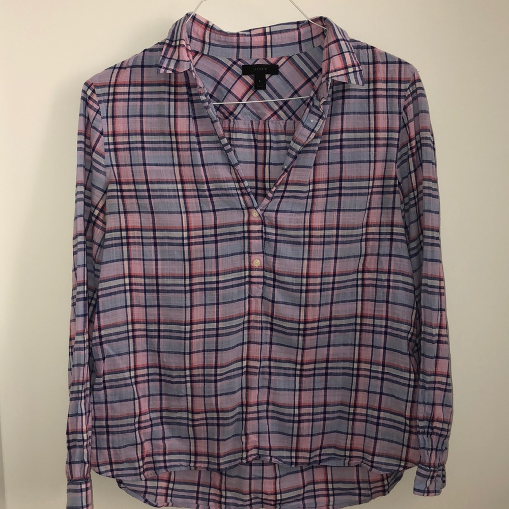 J. Crew Purple/Pink/Blue Plaid Popover Top Size 8